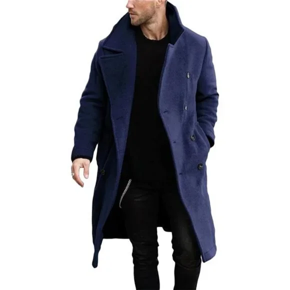 Men's Double Breasted Trench Coat Casual Lapel Collar Winter Long Overcoat